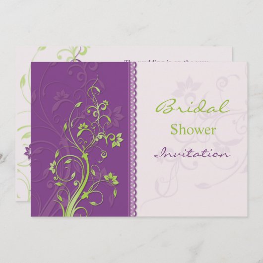 紫と緑のフローラ渦巻きブライダルシャワー招待状 招待状 (正面/裏面)
