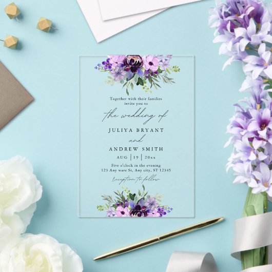 紫と緑のフローラ結婚の アクリル招待状 (インサイチュ (ウェディング))