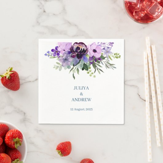 紫と緑のフローラ結婚の スタンダードカクテルナプキン (インサイチュ)