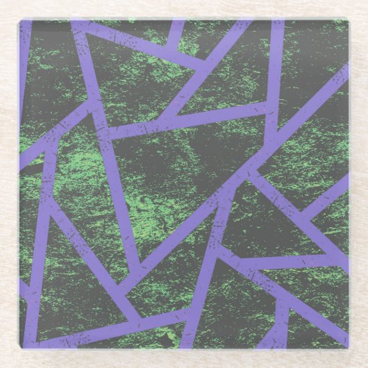 紫と緑のモザイク模様 ガラスコースター (正面)