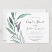 紫と緑のユーカリのカップルのシャワー 招待状 (正面)