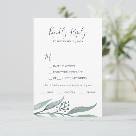 紫と緑のユーカリのメニュー選択RSVPカード 出欠カード (スタンド正面)