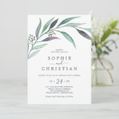 紫と緑のユーカリカジュアル結婚の 招待状 (スタンド正面)