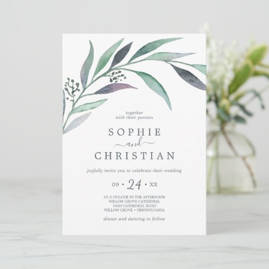 紫と緑のユーカリカジュアル結婚の 招待状 (スタンド正面)