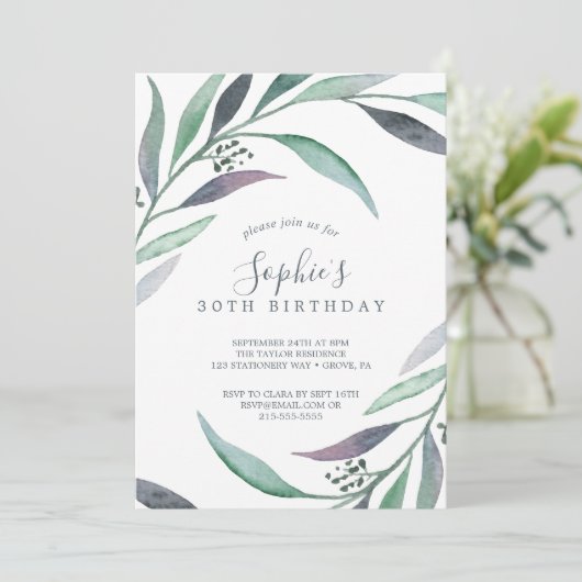 紫と緑のユーカリ30歳の誕生日 招待状 (スタンド正面)