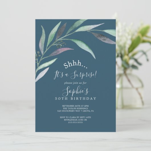 紫と緑のユーカリ |ブルーサプライズパーティー 招待状 (スタンド正面)