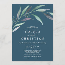 紫と緑のユーカリ |青カジュアル結婚の 招待状