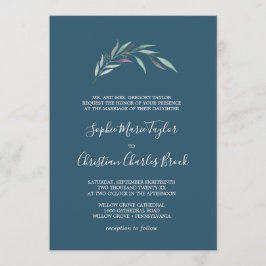 紫と緑のユーカリ |青フォーマル結婚の 招待状