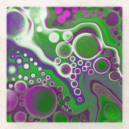 紫と緑の大理石の流体アート ガラスコースター (正面)