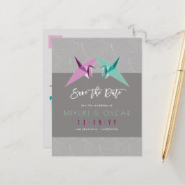 紫と緑の折り紙紙クレーンの日付を保存 案内ポストカード