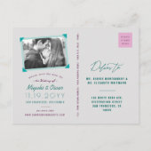 紫と緑の折り紙紙クレーンの日付を保存 案内ポストカード (裏面)