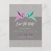 紫と緑の折り紙紙クレーンの日付を保存 案内ポストカード (正面)