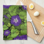 紫と緑の朝顔 キッチンタオル (四つ折り)