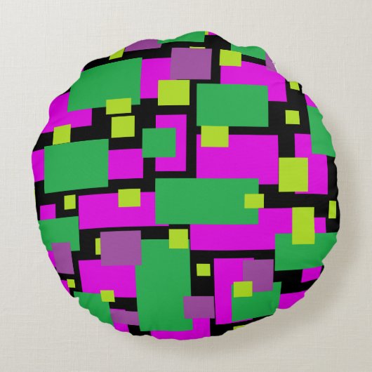 紫と緑の模様の黒い羽毛枕 ラウンドクッション (裏面)