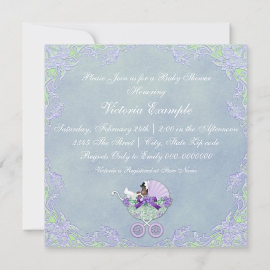 紫と緑の民族の赤ちゃんシャワー 招待状 (裏面)