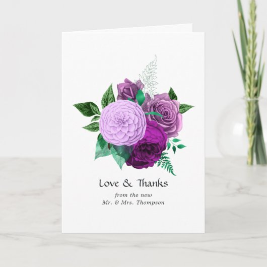 紫と緑の水の色のフローラ結婚 サンキューカード (正面)