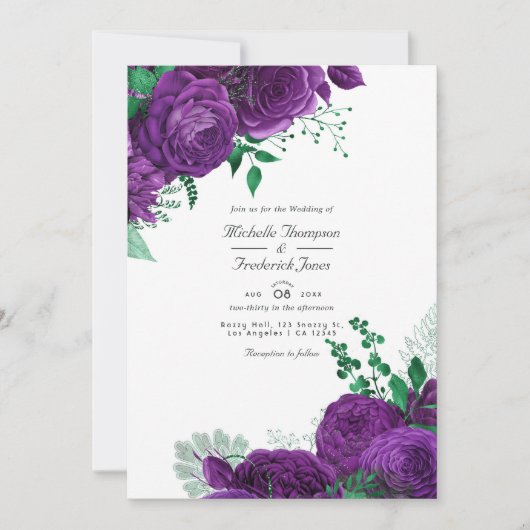 紫と緑の水の色のフローラ結婚 招待状 (正面)