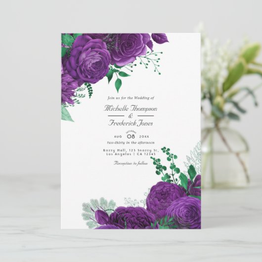 紫と緑の水の色のフローラ結婚 招待状 (スタンド正面)