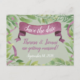 紫と緑の水の色葉の – 日付を保存 案内ポストカード