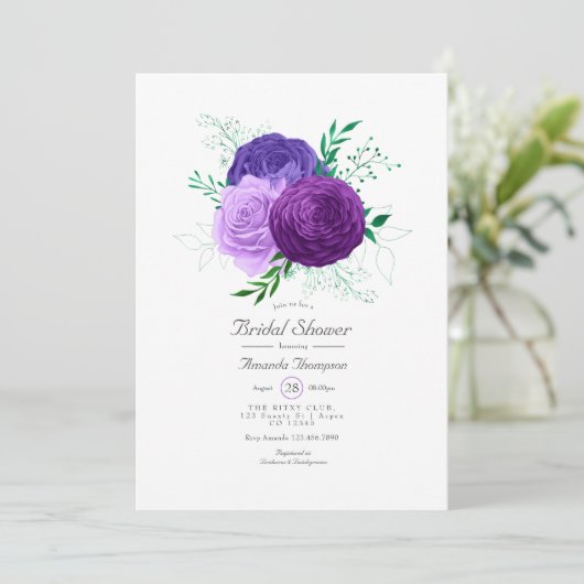 紫と緑の水カラーフローラブライダルシャワー 招待状 (スタンド正面)