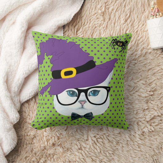 紫と緑の水玉模様ハロウィーン猫枕 クッション (ブランケット)