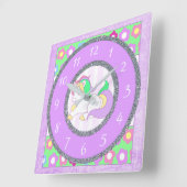 紫と緑の花とユニコーン時計 スクエア壁時計 (傾斜)