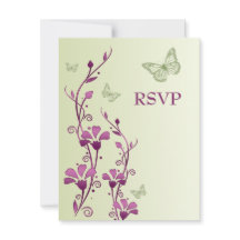 紫と緑の花と蝶の返信カード