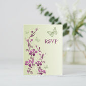 紫と緑の花と蝶の返信カード 招待状 (スタンド正面)