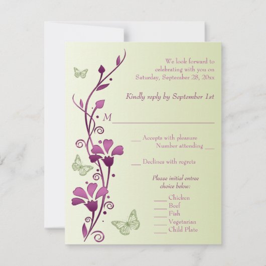 紫と緑の花と蝶の返信カード 招待状 (裏面)