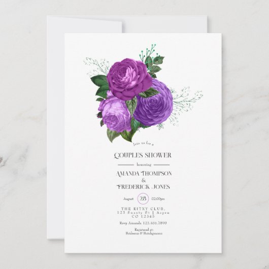 紫と緑の花のペアシャワー招待状 招待状 (正面)