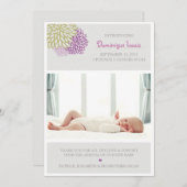 紫と緑の花の写真誕生の発表 案内状 (正面/裏面)