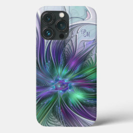紫と緑の花の抽象的フラクタルアートイニシャル iPhone 13 PROケース