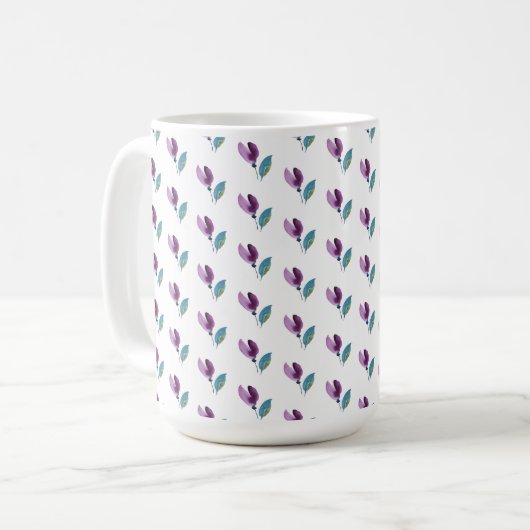 紫と緑の花の水彩画ハンドペイント コーヒーマグカップ (正面左)
