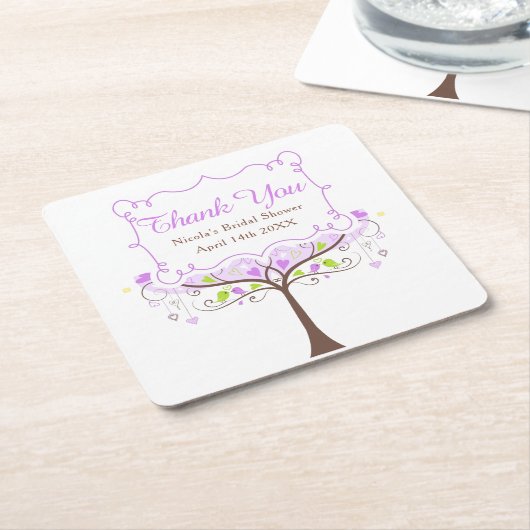 紫と緑の花鳥のウェディングシャワーのお礼 スクエアペーパーコースター (アングル)
