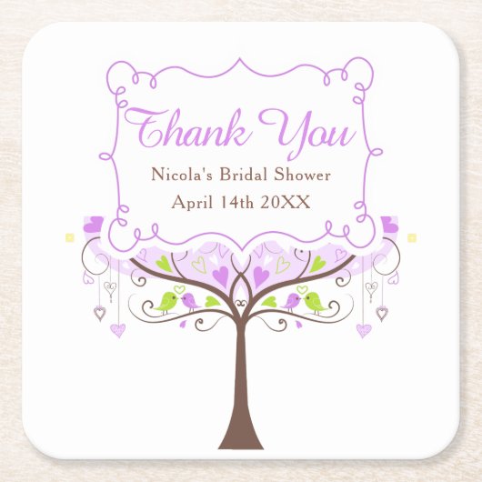 紫と緑の花鳥のウェディングシャワーのお礼 スクエアペーパーコースター (正面)