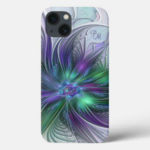 紫と緑の花 アブストラクト フラクタルアートのイニシャル iPhone 13ケース