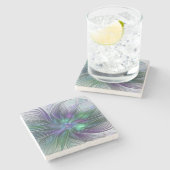 紫と緑の花 モダン アブストラクトアート フラクタル ストーンコースター (横)