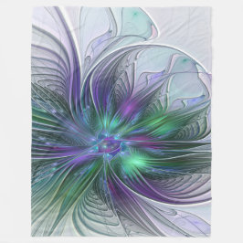 紫と緑の花 モダン アブストラクトアート フラクタル フリースブランケット