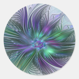 紫と緑の花 モダン アブストラクトアート フラクタル ラウンドシール