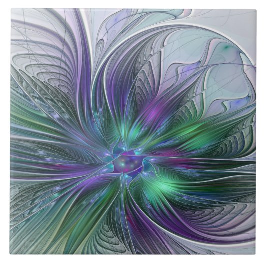 紫と緑の花 モダン アブストラクト アート フラクタル タイル (正面)