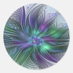 紫と緑の花 モダン アブストラクト アート フラクタル ラウンドシール