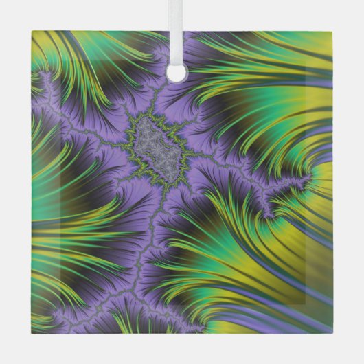紫と緑の葉のフラクタル風景アート ガラスオーナメント (正面)