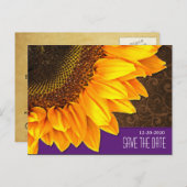紫と茶色のひまわり結婚式の日付を保存 案内ポストカード (正面/裏面)