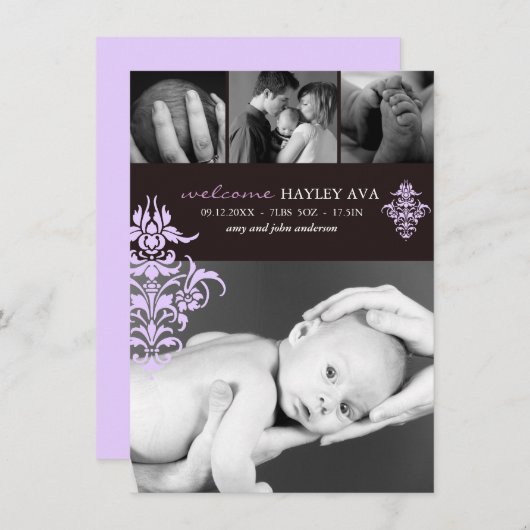 紫と茶色のダマスク誕生のお知らせ 案内状 (正面/裏面)