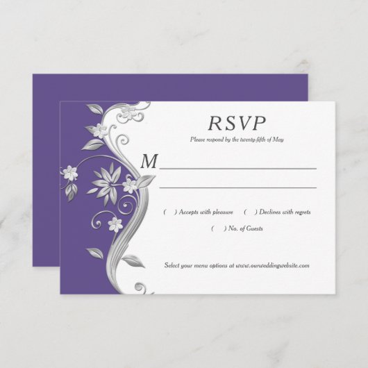 紫と華美銀のフローラ渦巻き旋回RSVP 出欠カード (正面/裏面)