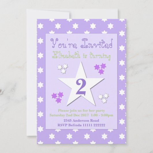 紫と薄紫と星の誕生日パーティー 招待状 (正面)