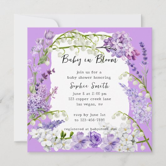 紫と薄紫デリケート花模様ベビーシャワー 招待状 (正面)