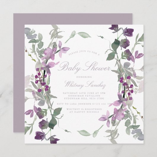 紫と薄紫ワイルドフラワースクエアベイビーシャワー 招待状 (正面/裏面)