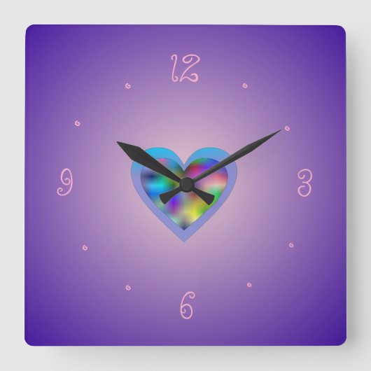 紫と虹のハート>女の子の壁時計 スクエア壁時計 (正面)