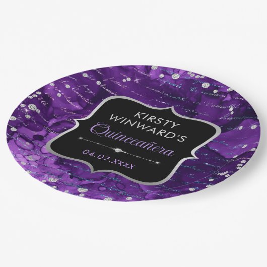 紫と虹色のグリッター文字キンセアニェラ ペーパープレート (アングル)